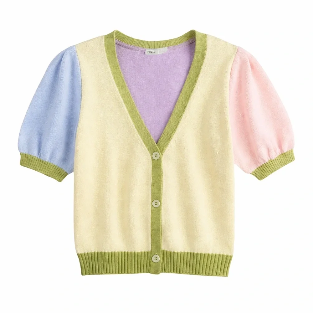 SO Pastel Color-Block Puff Sleeve Cardigan Large
